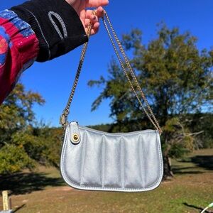 Coach Swinger 20 mini hobo purse metallic silver quilted leather gold chain